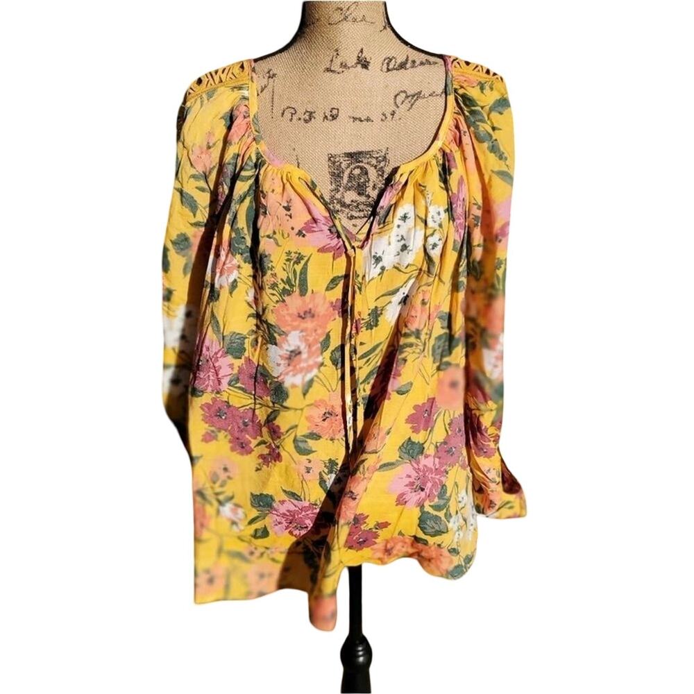 Unique Spectrum Yellow Floral Peasant Top 3X Crochet Lace Sleeve Boho Blouse
